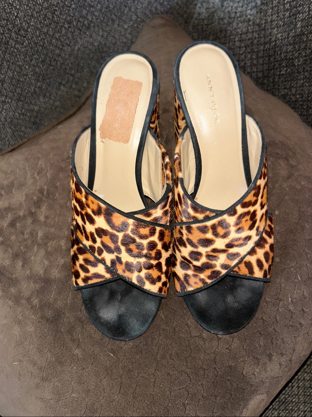 Ann Taylor Leopard Print Mule Slides in Black and Tan Real Fur